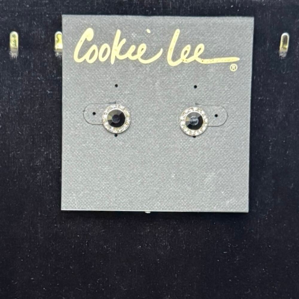 Cookie Lee Black Crystal Halo Stud Earrings Silver Tone Rhinestone